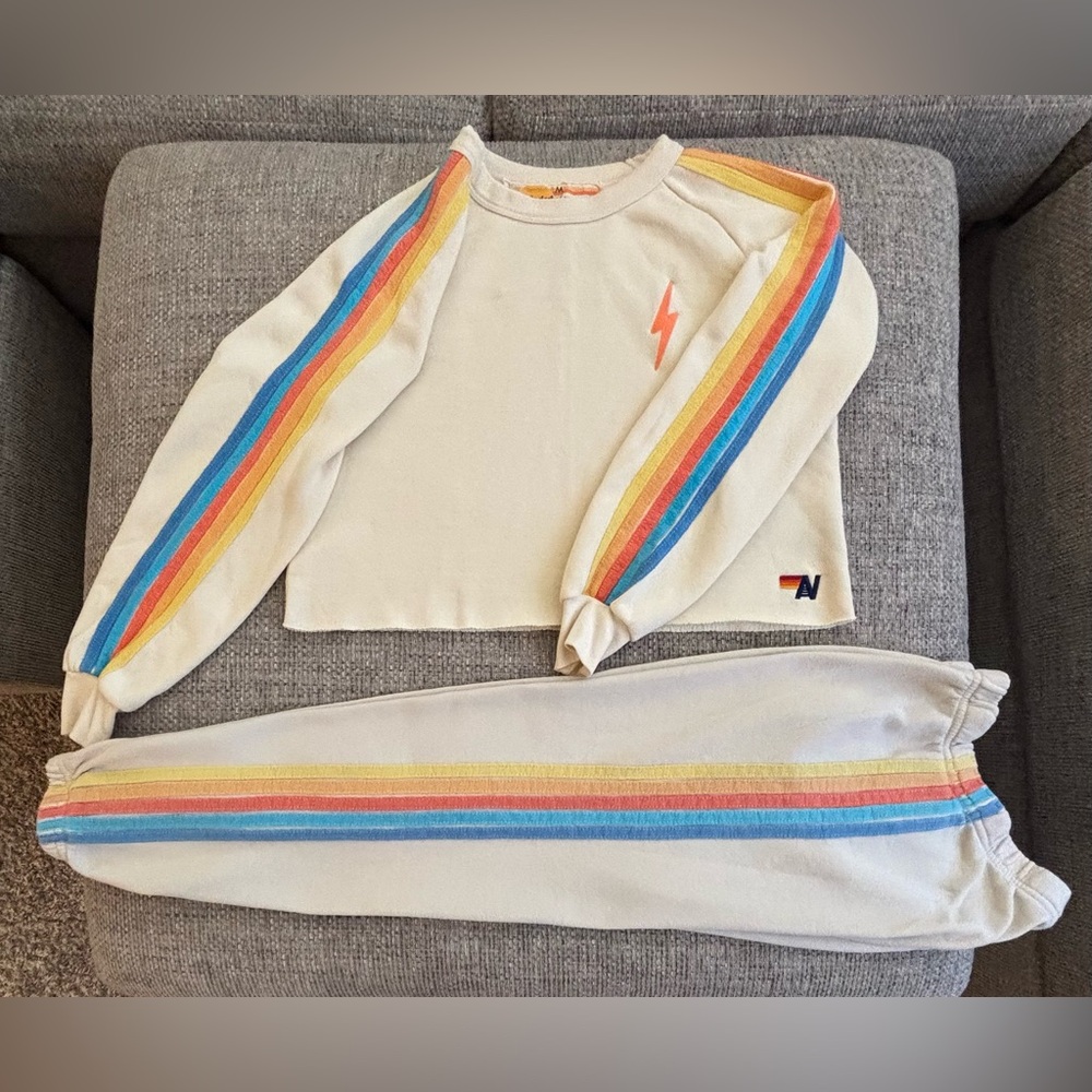 RARE Aviator Nation 🌈 Retro Stripe Crop Sweatshirt (M) + Sweats (S) Set